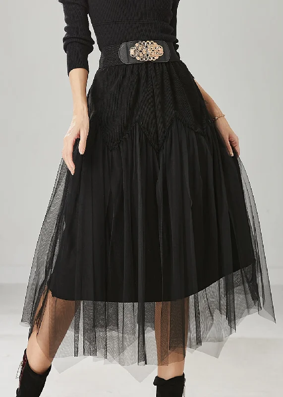 Chic Black High Waist Patchwork Tulle Corduroy Skirts Spring corduroy skirt durable