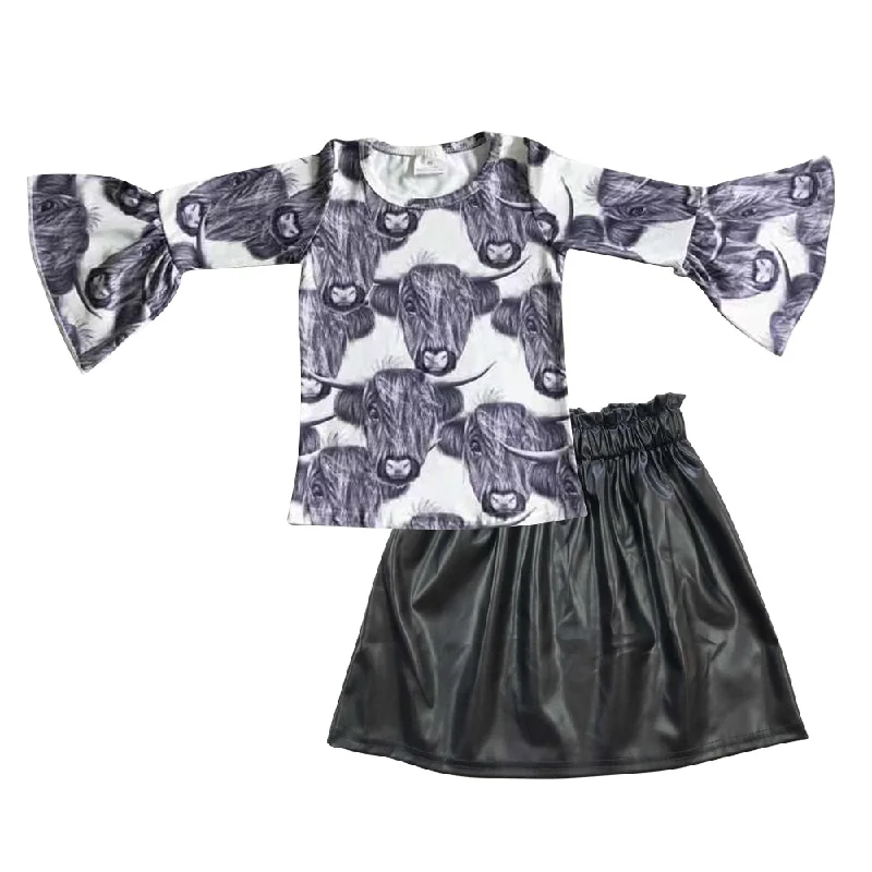 Cow print flare top black skirt kids set flowy skirt hem