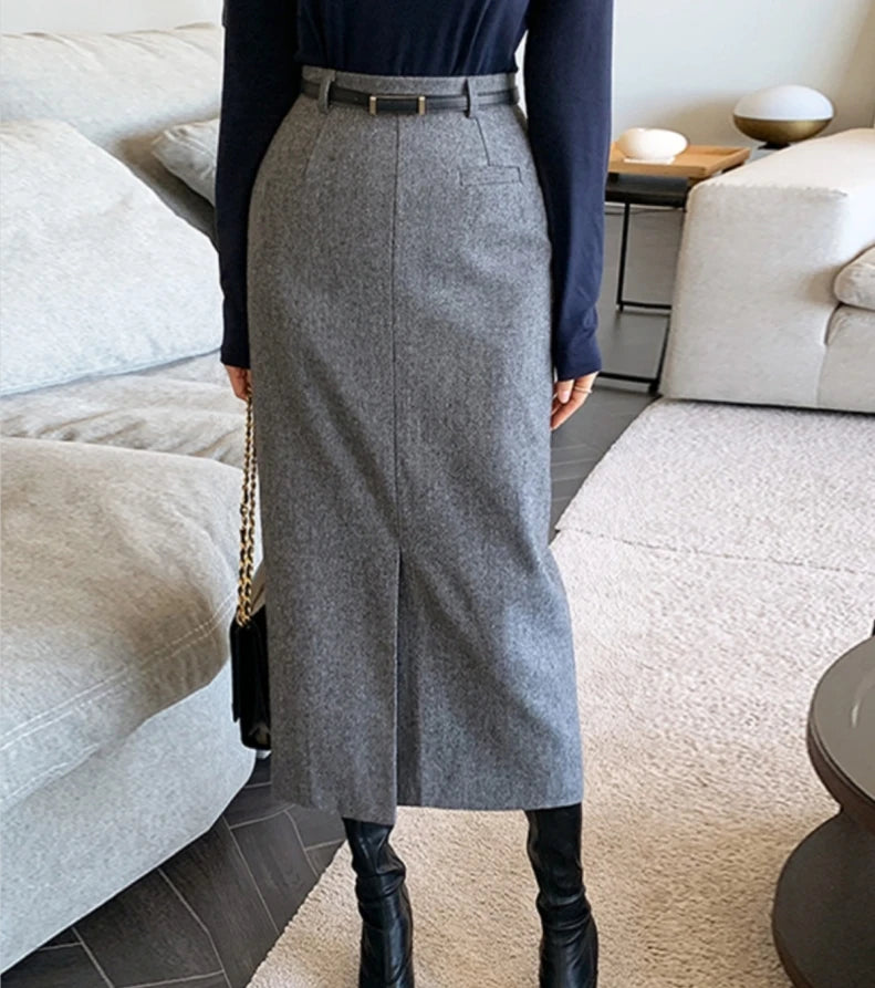 Elegant Striped Faux Wool Belted Casual High Waist A-Line Skirt high slit skirt