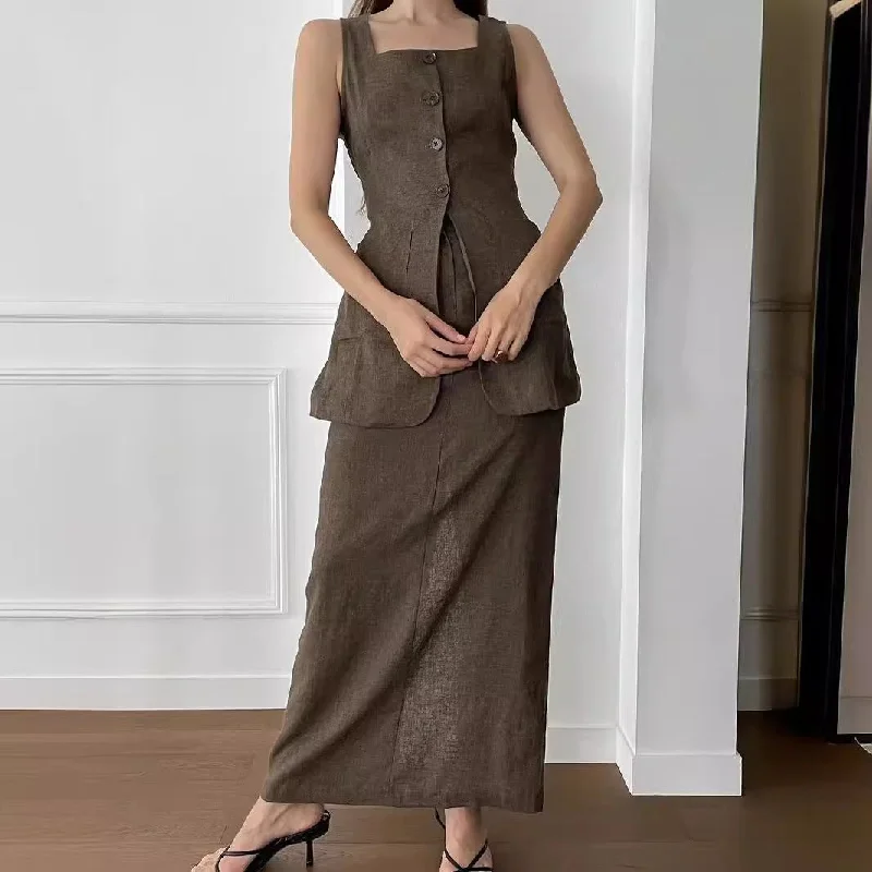 Fashion Simple Summer Professional Women’s Commuter Cotton Pocket Vest Long Skirt Two-Piece Set Suit high slit skirt Fashion Simple Summer Professional Women’s Commuter Cotton Pocket Vest Long Skirt Two-Piece Set Suit high slit skirt