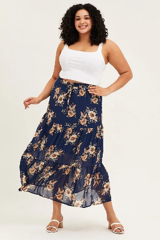 Floral Print Tiered Maxi Full Skirt corduroy skirt durable