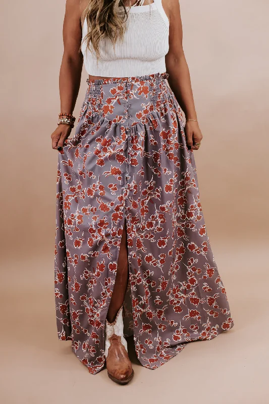 Floral Smock Waist Button Front Maxi Skirt cashmere skirt soft