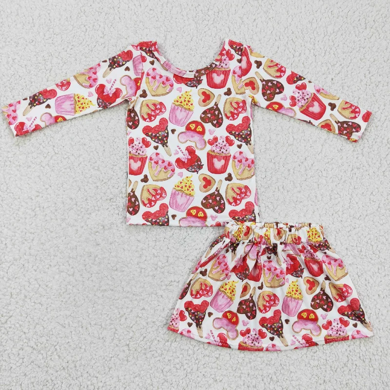 Sweet valentine's day cookies pink girls skirt sets corduroy skirt textured