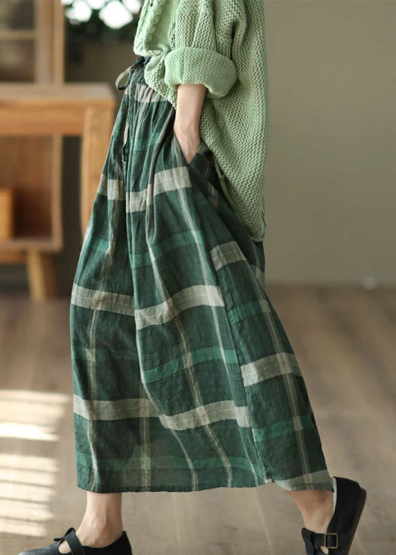 Green Pockets Plaid Print Linen Skirt Elastic Waist Spring linen skirt relaxed