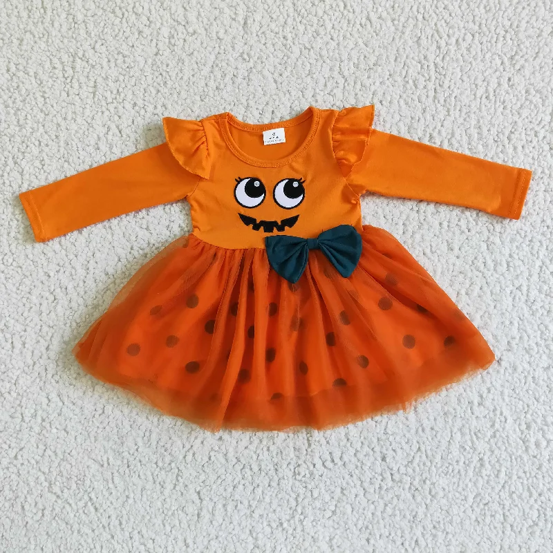 Halloween Cute Smile Bow Print Baby Girls Long Sleeve Orange Twirl Tulle Skirt summer skirt style