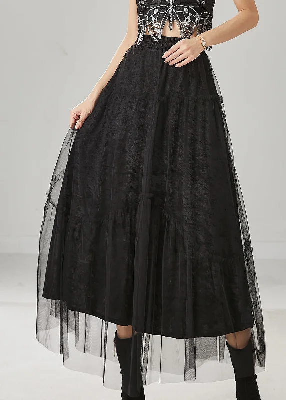 Italian Black Elastic Waist Tulle A Line Skirt Spring wool skirt sturdy