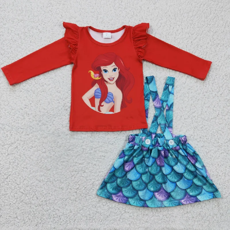 Kids girl red top skirt mermaid overall set pleated skirt texture