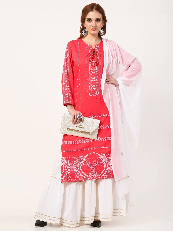 Women's Carrot Pink Viscose Rayon Kurta With Skirt & Embroidered Dupatta Set - Cheera linen skirt light
