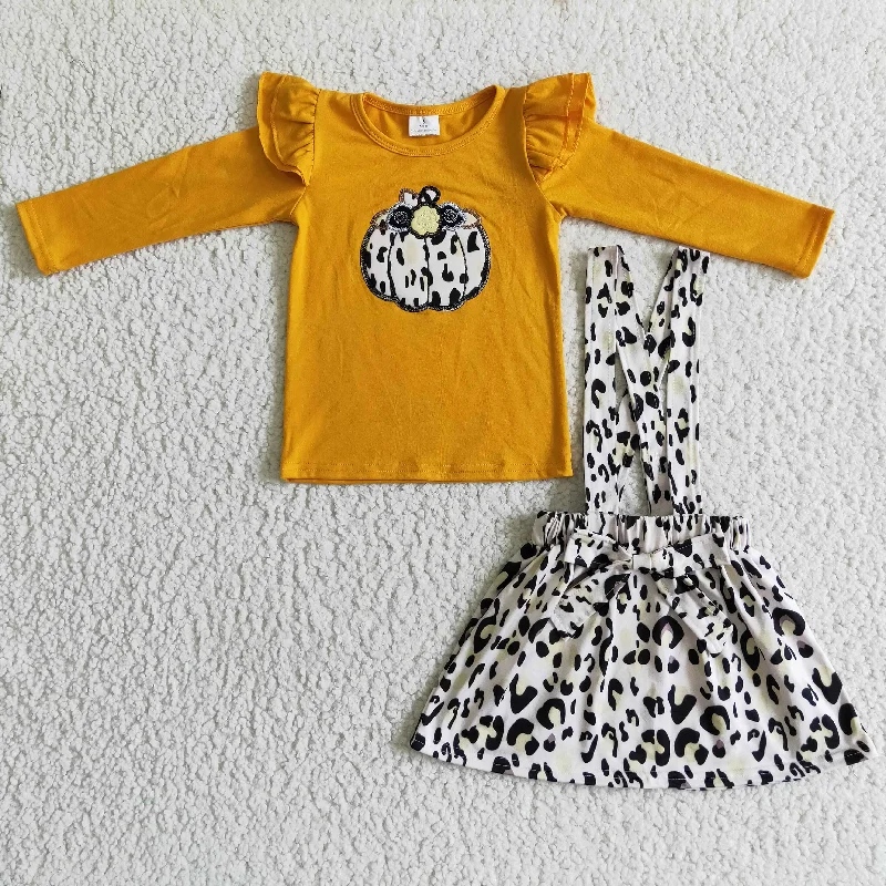 Leopard Pumpkin Embroidery Yellow Long Sleeve Suspender Skirt Outfit chiffon skirt airy Leopard Pumpkin Embroidery Yellow Long Sleeve Suspender Skirt Outfit chiffon skirt airy