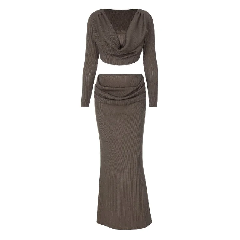 Long sleeve cowl neck ribbed maxi skirt set high slit skirt