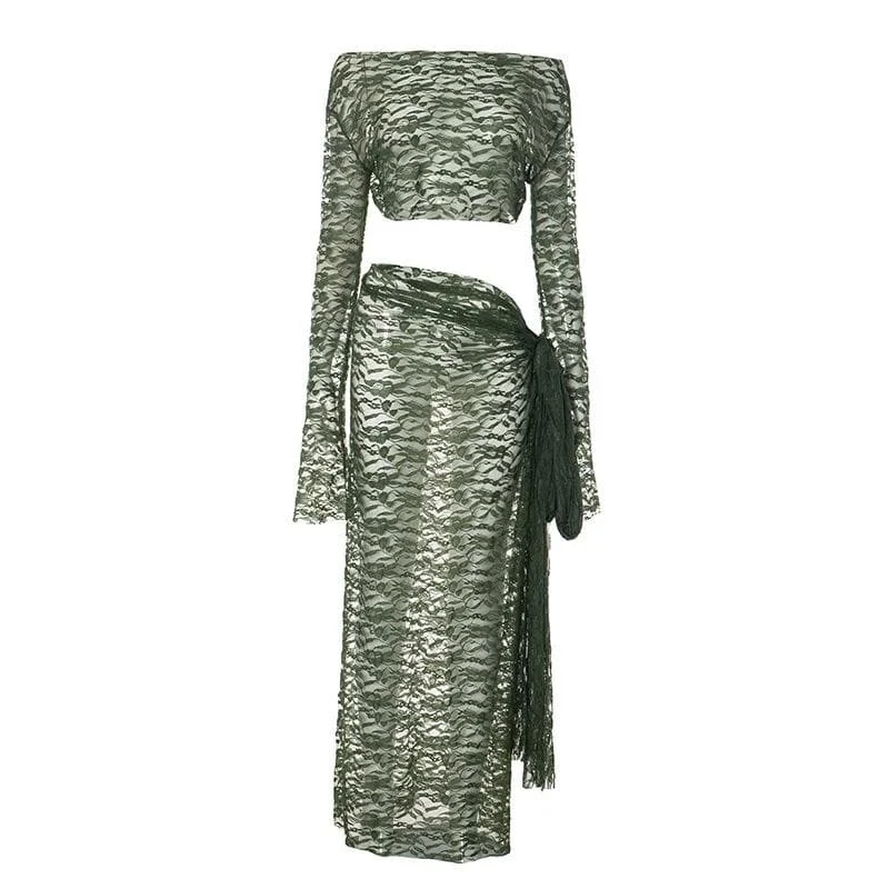 Long sleeve lace see through irregular maxi skirt set low waist skirt
