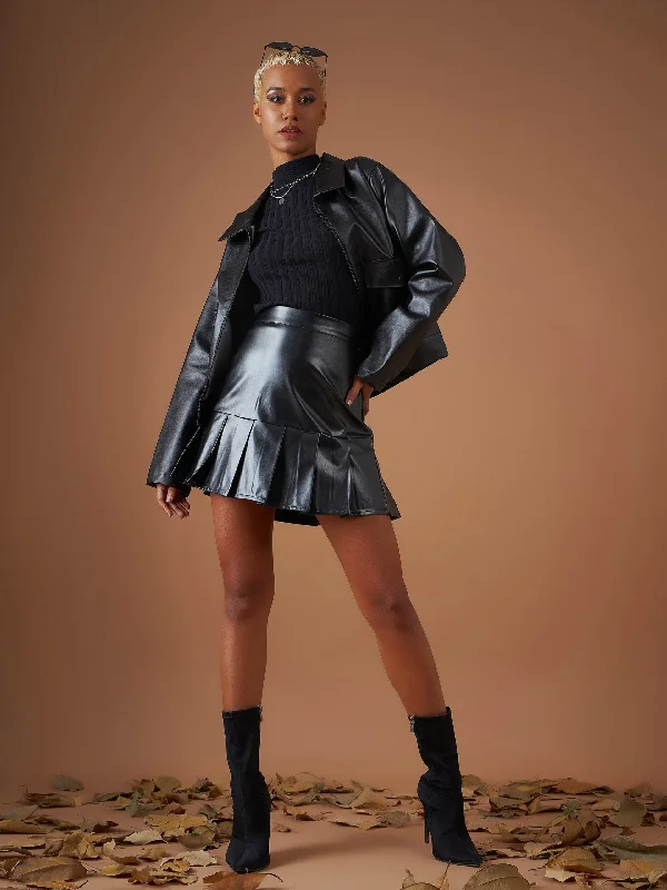 Lyush Women Black PU Pleated Mini Skirt velvet skirt plush