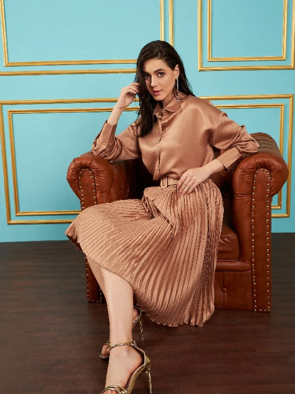 Lyush Women Brown Satin Pleated Midi Skirt velvet skirt plush