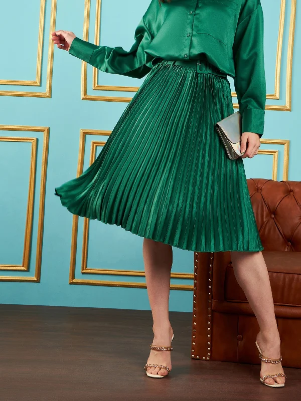 Lyush Women Green Satin Pleated Midi Skirt corduroy skirt comfortable
