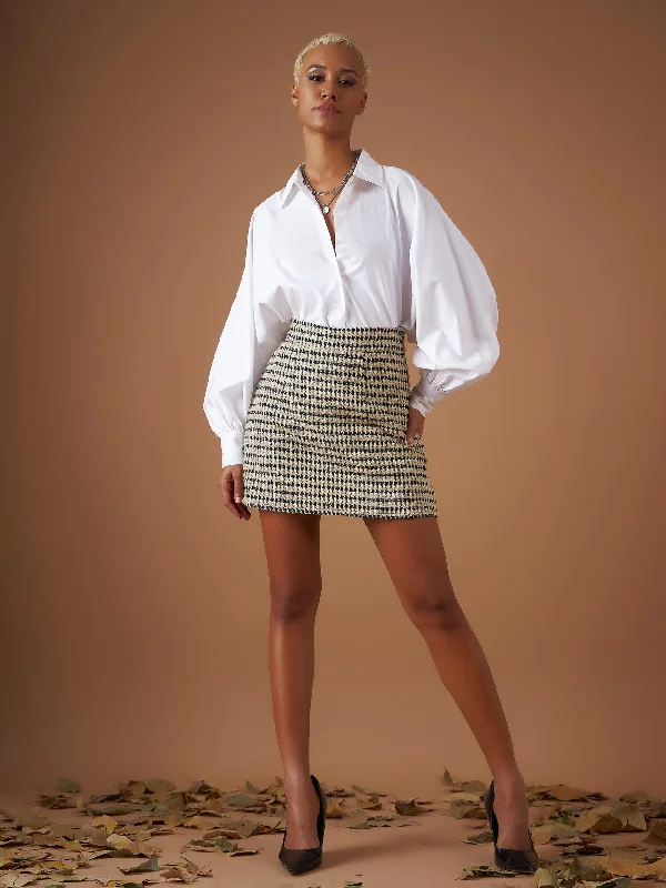 Lyush Women Off-White Check Jacquard Tweed Mini Skirt low waist skirt