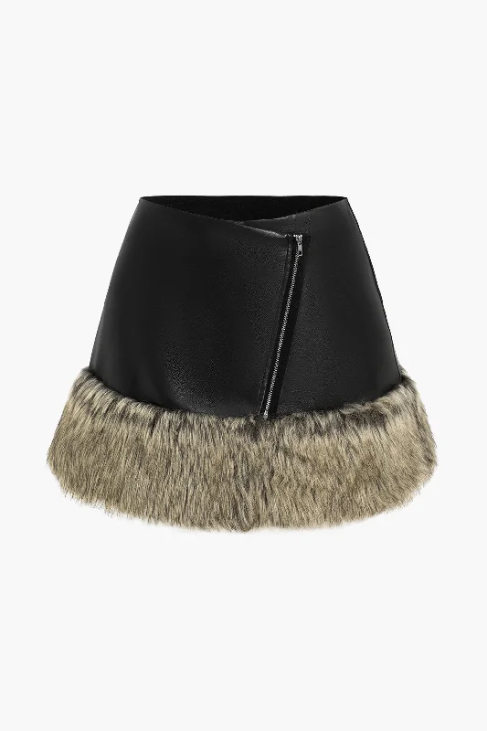 Faux Leather Patchwork Fur Skirt silk skirt smooth