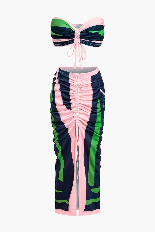 Contrast Ruched Slit Skirt Set silk skirt lustrous
