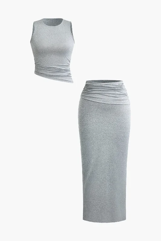 Basic Ruched Sleeveless Top And Slit Maxi Skirt Set patchwork skirt art