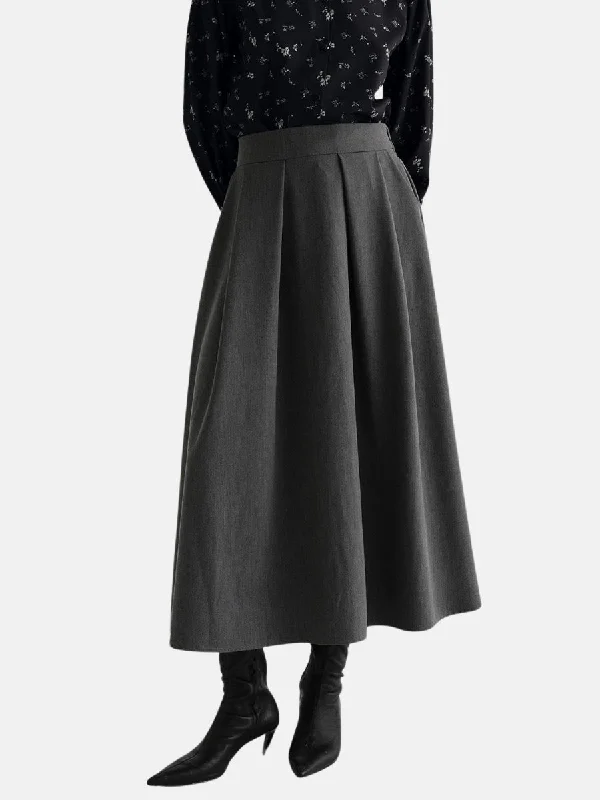 Noa Pleated Long Skirt Gray silk skirt lustrous