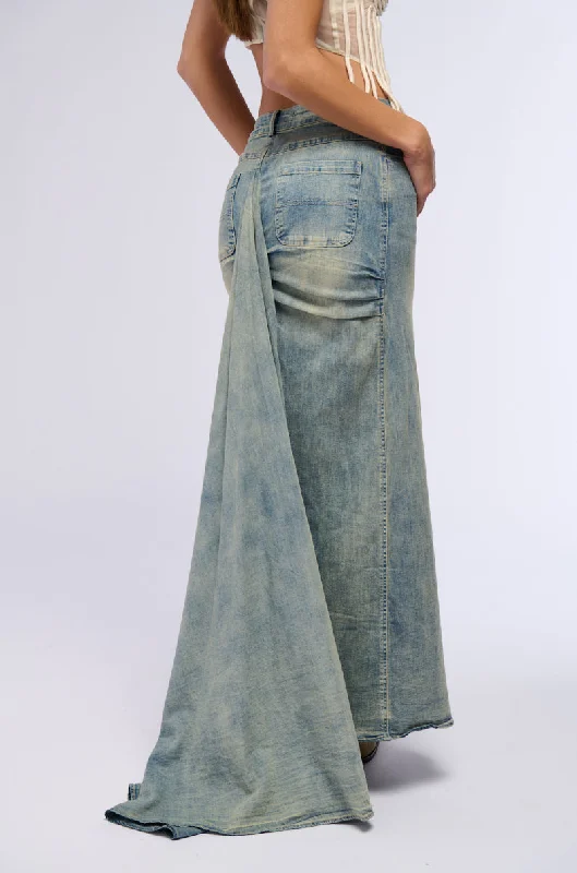 OH THE DRAMA DENIM MAXI SKIRT WITH TRAIN asymmetrical skirt cut