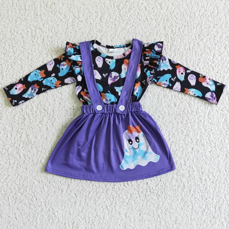 Halloween Purple Ghost Long Sleeve Suspender Overall Skirt Outfit chiffon skirt airy