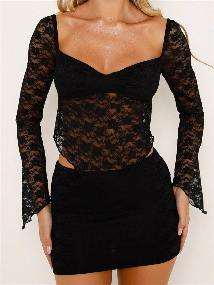 JuliaFashion - Sexy Lace Floral V-neck T-shirts Tops Black Mini Skirts Suits chiffon skirt floaty