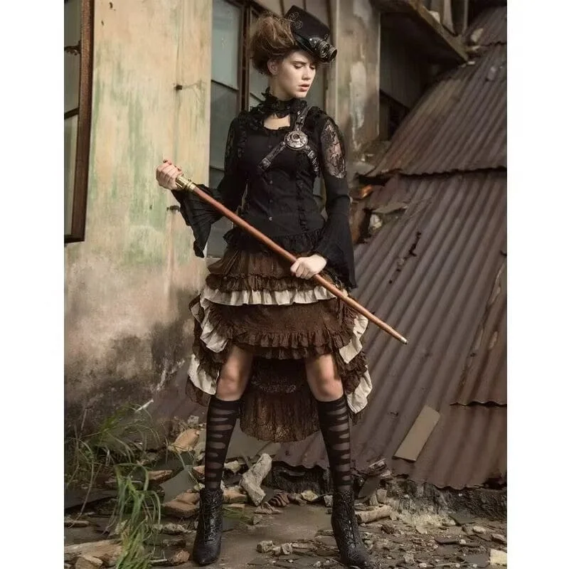 Steampunk Skirt with waist pouch Brown leather skirt modern