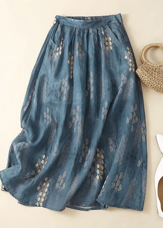 Stylish Blue Wrinkled Print Patchwork Linen Skirt Summer linen skirt relaxed