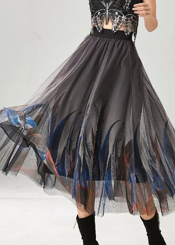 Stylish Grey Feather Print Tulle Skirts Summer wrap skirt elegant