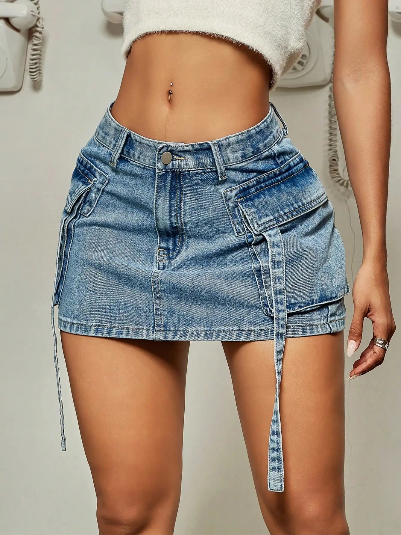 Trendy Street Tooling Style Flap Pocket Slim Workwear Denim Skirt velvet skirt luxurious