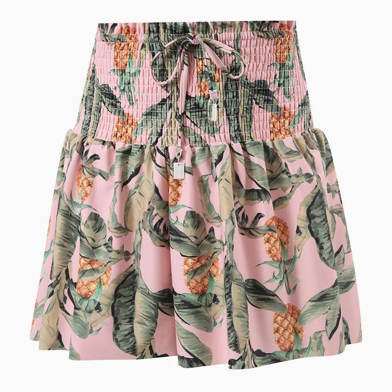 Tropical Leaf Ruffle High Waist Drawstring Bow Tie Smocked Mini Skort Cover Up cotton skirt soft