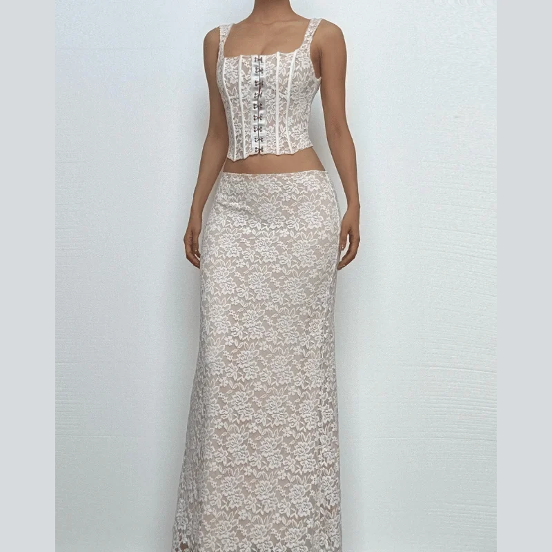 U neck lace bustier button cami maxi skirt set chiffon skirt flowing