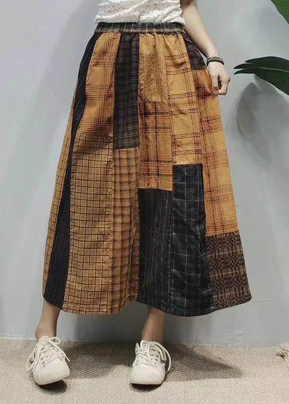 Vintage Colorblock Oversized Patchwork Plaid Linen A Line Skirts Summer wool skirt thick