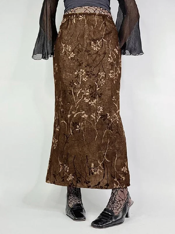 Vintage Floral Print High Waisted Midi Skirt silk skirt lustrous