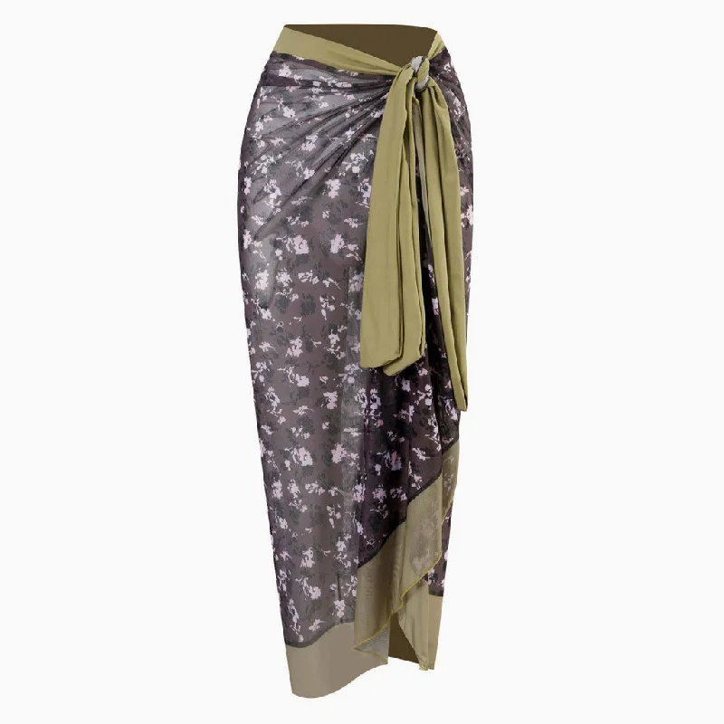 Vintage Floral Printed High Waist Bow Tie Chiffon Maxi Wrap Sarong Cover Up wrap skirt elegant
