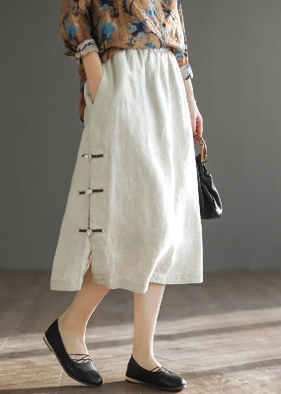 Vintage Linen Color Elastic Waist Side Open Oriental Button Linen Skirt Summer vintage skirt charm Vintage Linen Color Elastic Waist Side Open Oriental Button Linen Skirt Summer vintage skirt charm