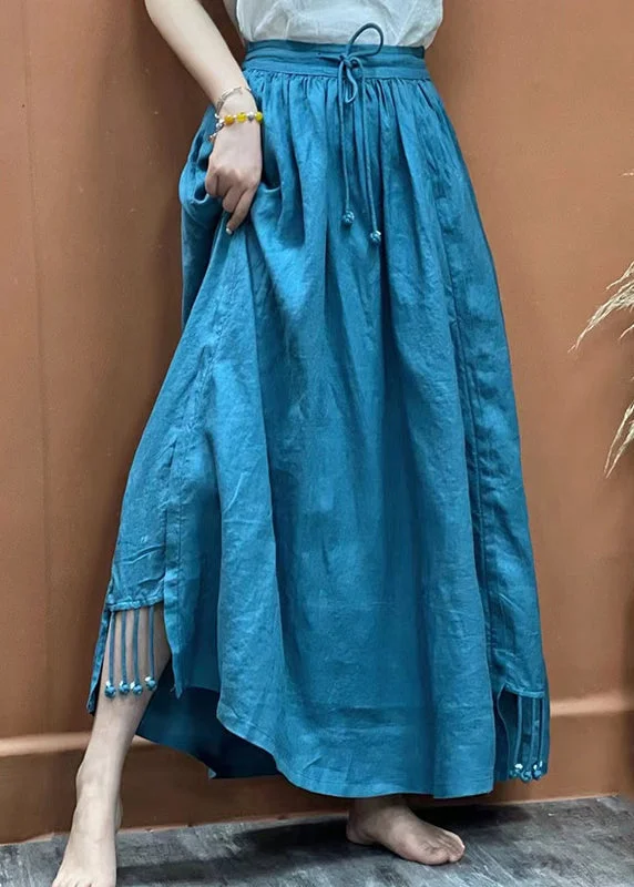 Women Blue elastic waist drawstring Tassel Pockets Linen Skirts Spring belted skirt waist