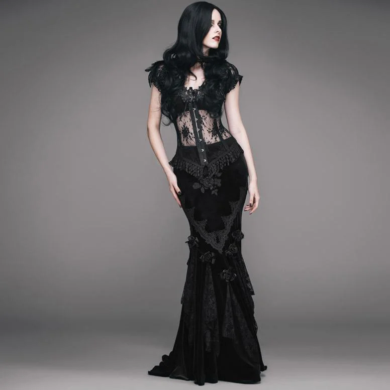 Women's Vintage Goth Skirt With Train lace skirt elegant