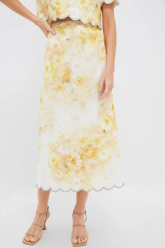 Yellow Floral Crush Scalloped Midi Skirt denim skirt trendy