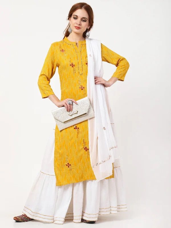 Women's Mustard Yellow & White Rayon Cotton Kurta Skirt & Dupatta Set - Cheera summer skirt style