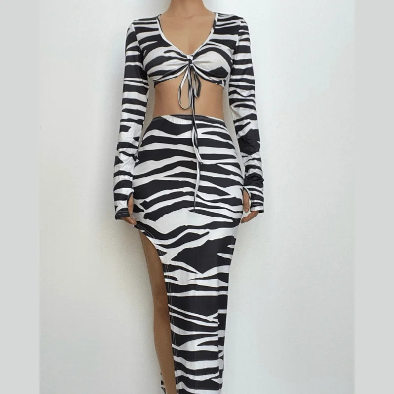 Zebra print self tie contrast long sleeve irregular slit maxi skirt set breathable skirt fabric